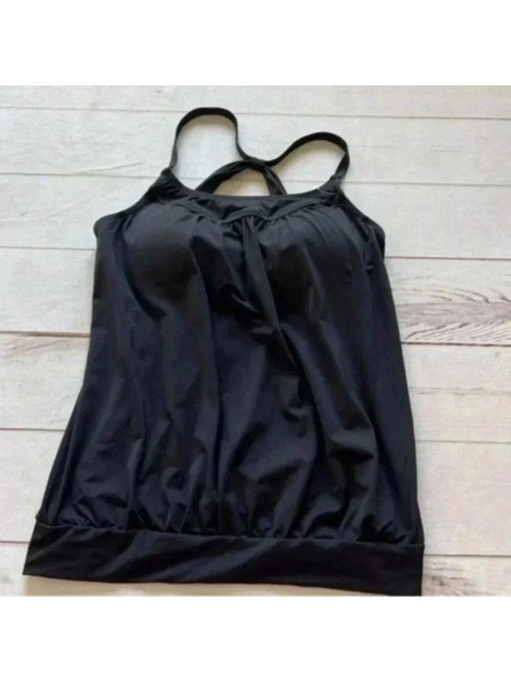 Lands End Black Tummy Hiding Tankini Swimsuit Top Adjustable Strap Women…